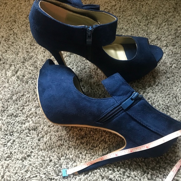 Blue Faux Suede Heels with Peep Toe & Side Zipper - Picture 4 of 4